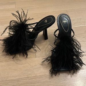 Zara Black Feather Trim Square-Toe Heel Mules